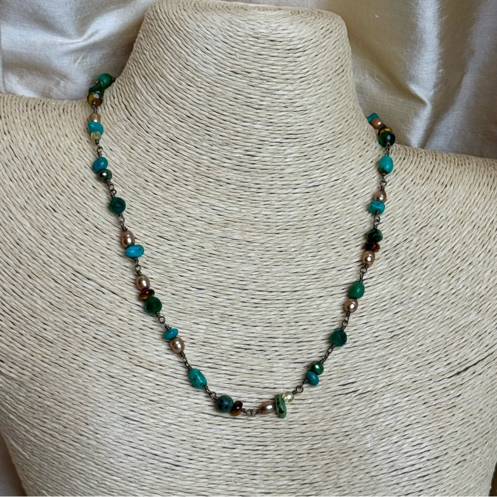 Turquoise Tigers Eye Pearl Wire Wrapped Handmade Beaded Necklace
